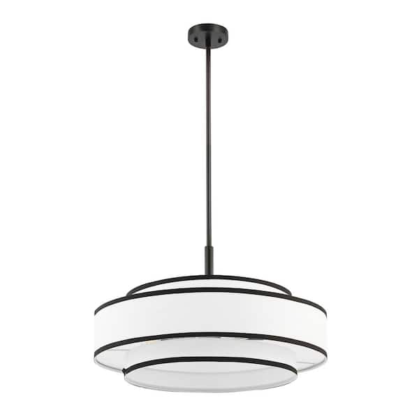 24 in. 5-Light Black Double Shaded Drum Chandelier with White Fabric Shade