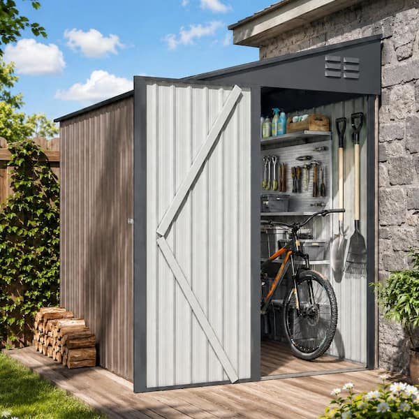 4 ft. W x 7 ft. D Outdoor Metal Lean to Shed Garden Storage Cabinet with Single Door in Grey (28 sq ft. )