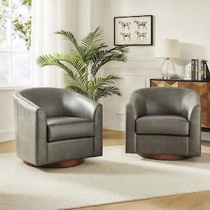 Meroy 30.5 in. Wide Grey Modern Swivel Barrel Faux Leather Chair with Solid Wood Base Set of 2