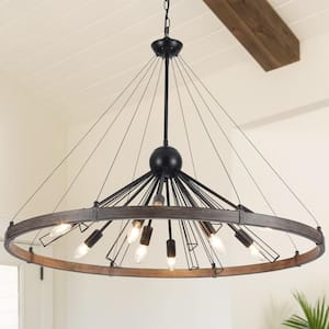 9-Light Black and Wood Grain Wagon Wheel Linear Chandelier for Living Room with No Bulbs Included