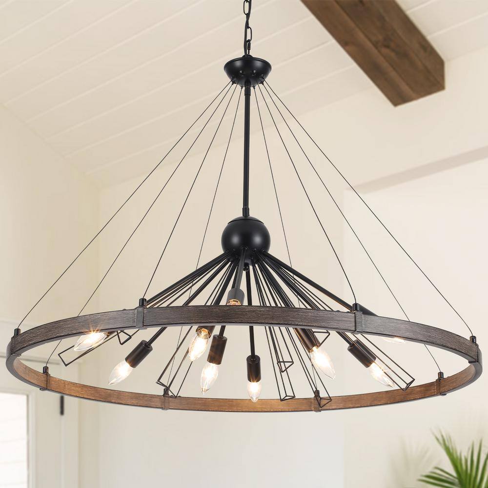 9-Light Black and Wood Grain Wagon Wheel Linear Chandelier for Living Room with No Bulbs Included price history on PriceWatchPro
