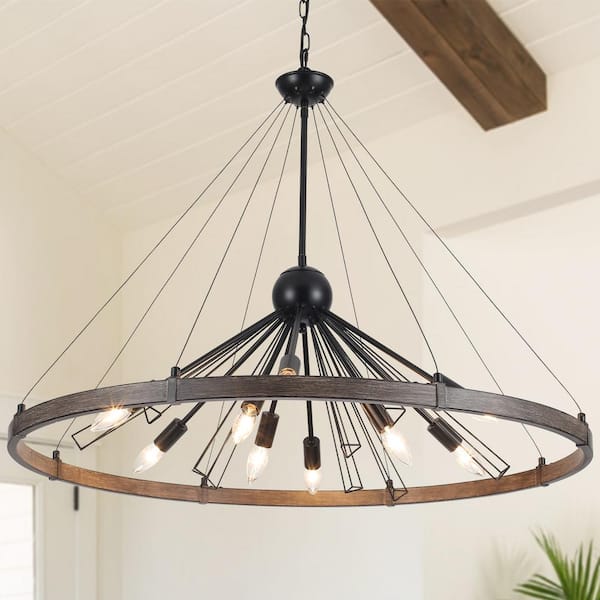 9-Light Black and Wood Grain Wagon Wheel Linear Chandelier for Living Room with No Bulbs Included