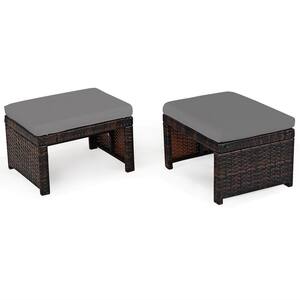 2-Pieces Wicker Outdoor Rattan Ottoman Seat Foot Rest Furniture with Grey Cushion