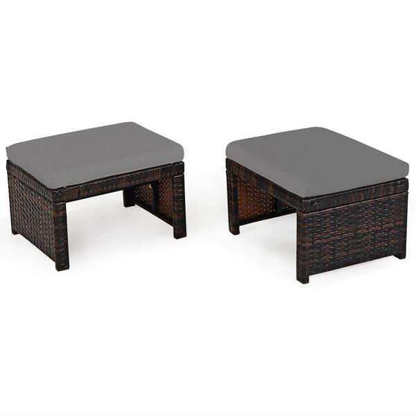 Costway 2pcs Patio Rattan Cushioned Ottoman Seat Foot Rest Table