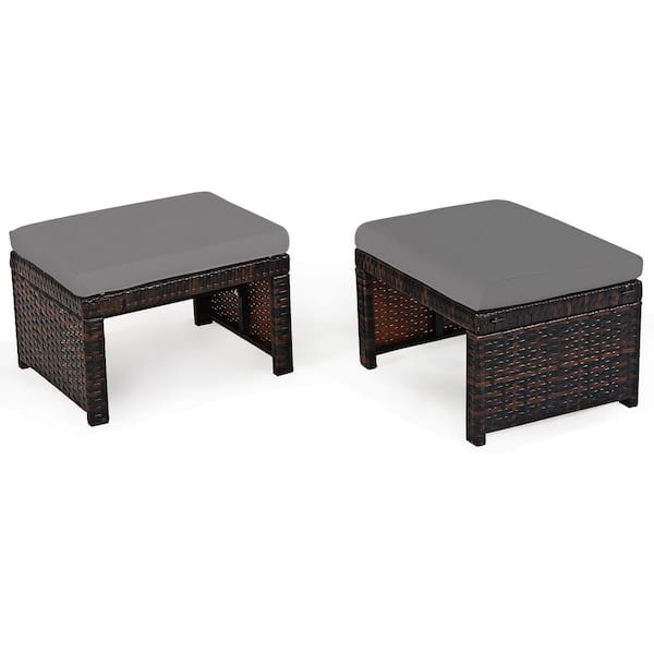 Costway 2-Pieces Wicker Outdoor Rattan Ottoman Seat Foot Rest Furniture with Grey Cushion