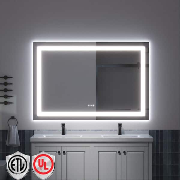 60 in. W x 40 in. H Rectangular Frameless LED Light Anti-Fog Bathroom Wall Mirror with Backlit and Front Light