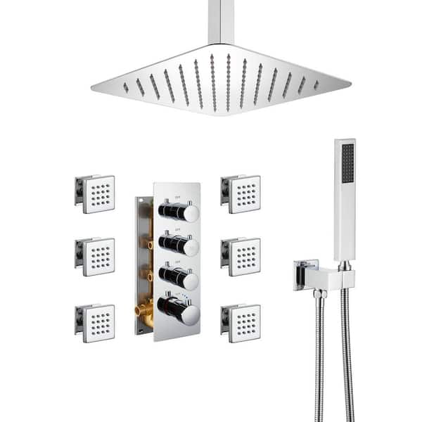 Luxury Thermostatic 3-Spray 12 in. Dual Shower Head Ceiling Mount Fixed and Handheld Shower Head 2.5 GPM in Chrome