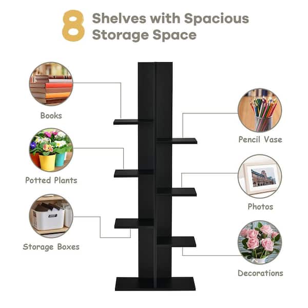 Costway 55.5 in. Black Engineered Wood 8-Shelf Modern Bookcase 