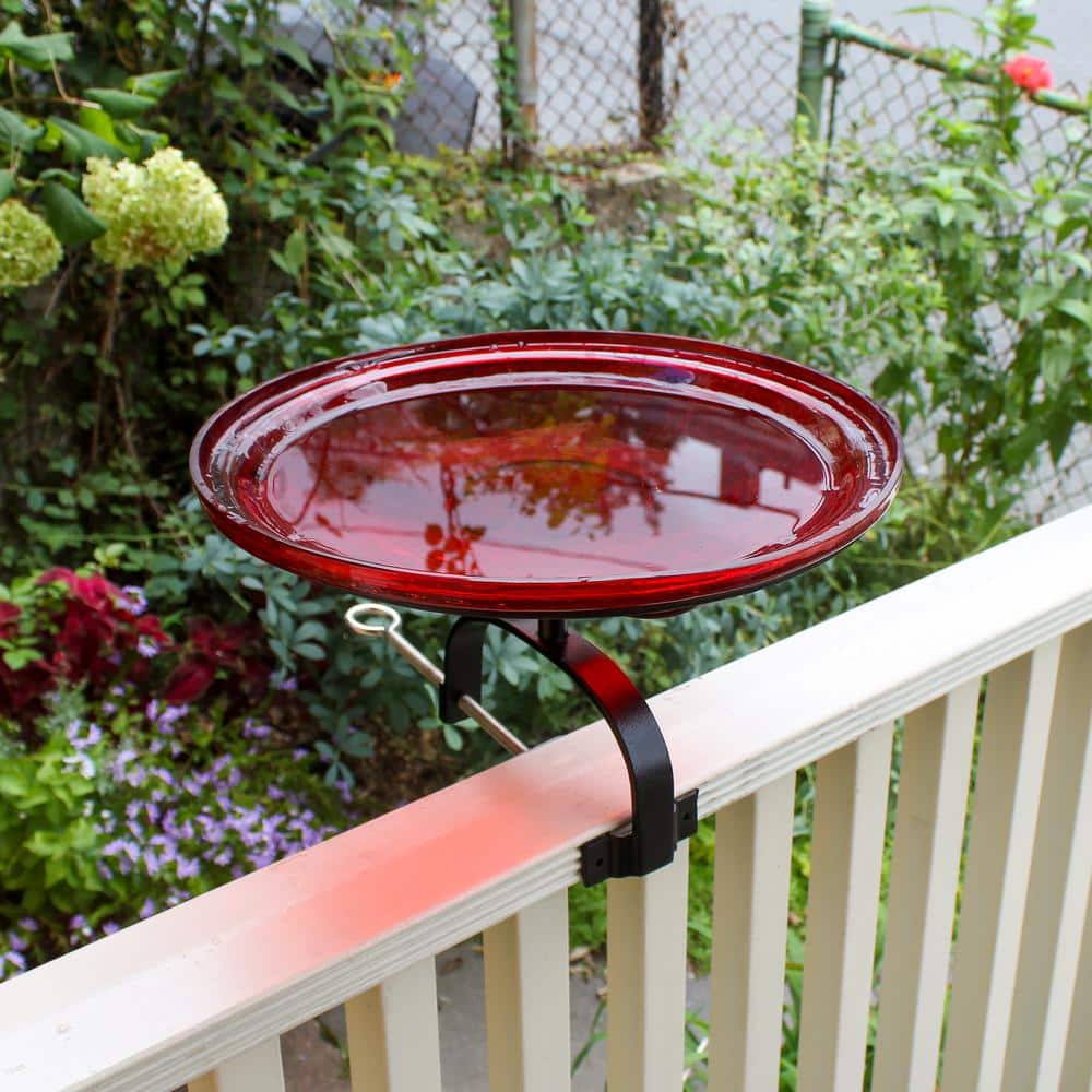 Red Crackle Glass Birdbath with Over Rail Bracket
