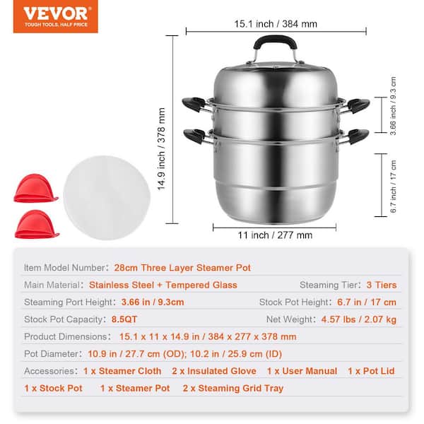 VEVOR 11 in. Steamer Pot for Cooking with 3 qt. Stock Pot and Vegetable Steamer Stainless Steel Food Steamer
