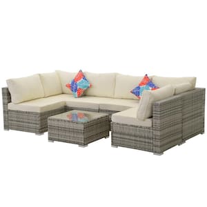 7 Pieces Gray Wicker Outdoor Patio Sectional Sofa Conversation Set with Off-white Cushions and 1 Coffee table