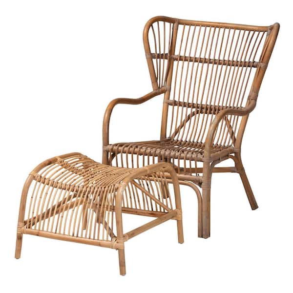 Baxton Studio Lamaria 2-Piece Rattan Top Natural Brown Chair and Footstool Set