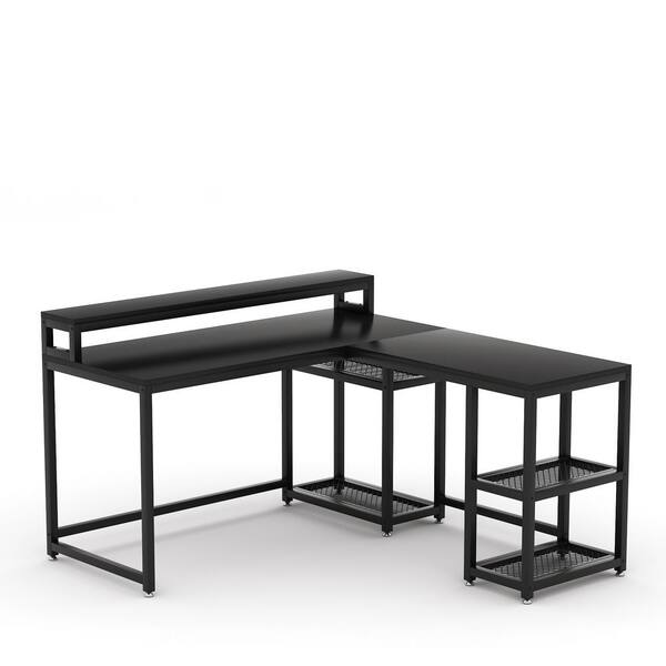TRIBESIGNS WAY TO ORIGIN Malone 59 in. L-Shape Black Metal Particle Board Wood Top Corner Computer Desk with Monitor Stand Rotating Shelves
