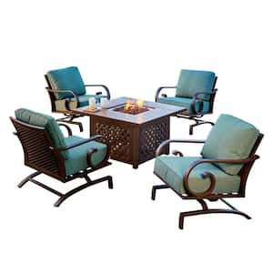 Milano 5-Piece Aluminum Patio Fire Pit Conversation Set with Teal Cushions