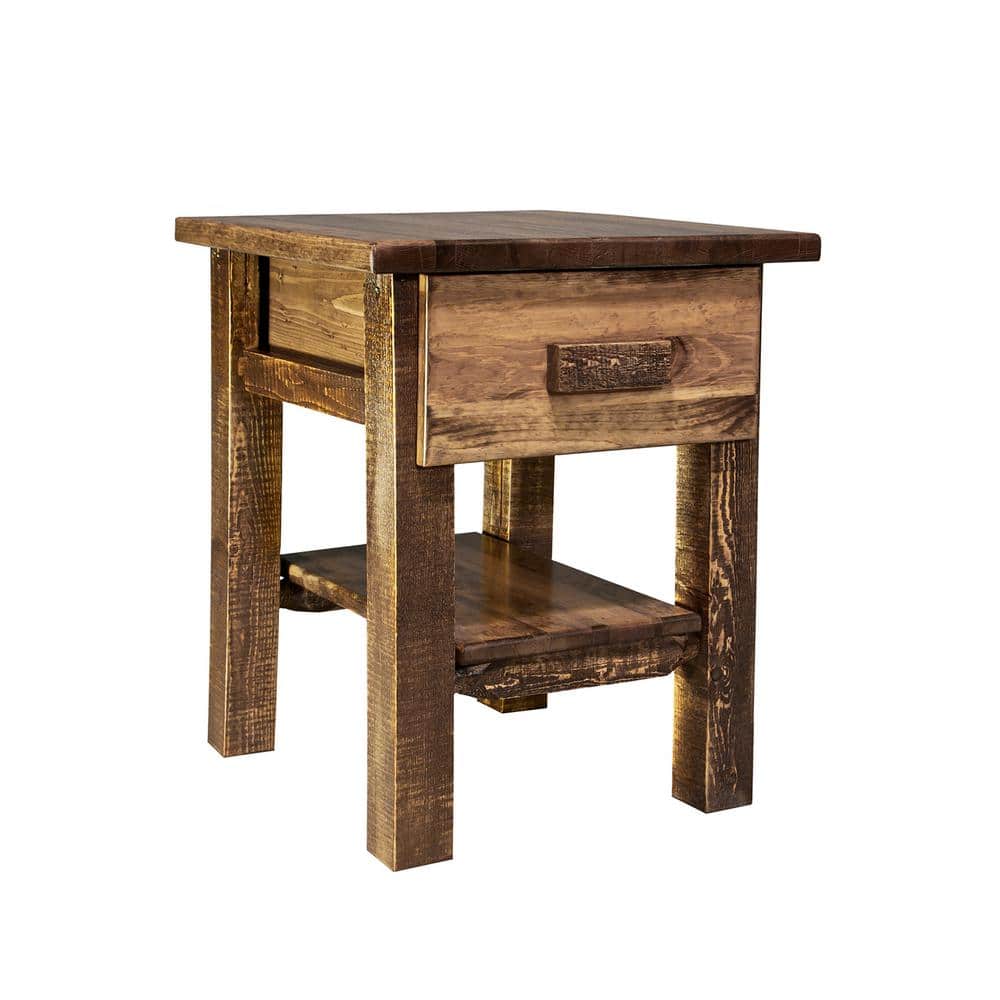 Rustic Pine Wood Nightstand with Drawer and Shelf