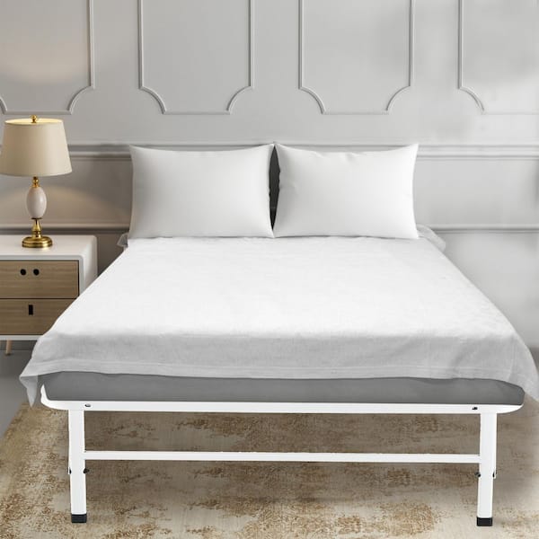 White Steel Bed Frame Twin Platform Bed with 14 in. Height, Heavy-Duty Construction, Foldable Design, Metal Slats
