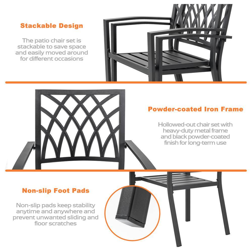 Black Iron Stackable Outdoor Patio Chairs with Lattice Design (2-Pack)