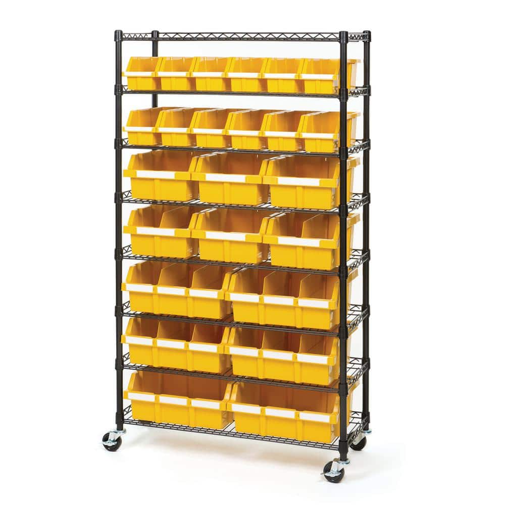 63.5" Black Steel 8-Tier Storage Rack with Yellow Bins