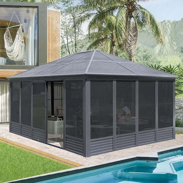 13 ft. x 16.5 ft. Sunroom, Four Season Solarium Aluminum Hardtop Gazebo Galvanized Steel Roof, Movable PVC Screen Walls