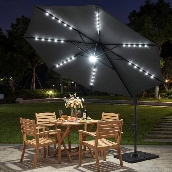 costway 10ft solar powered led patio umbrella Costway 10 ft. Cantilever Patio Umbrella with Solar LED Lights, 360°  Rotation, Easy Tilt Patio Umbrella in Gray HCST13959
