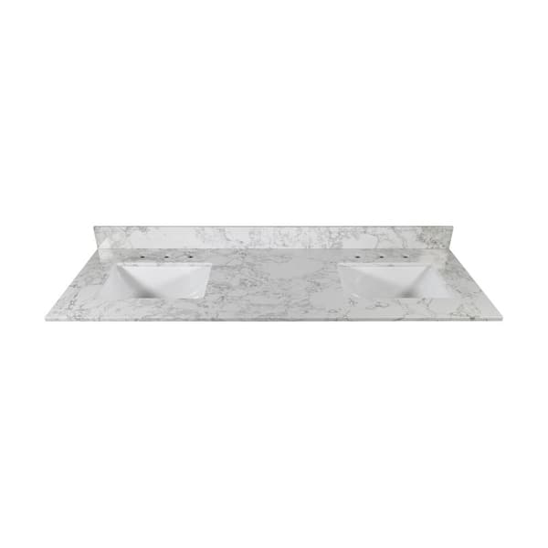 EAKYHOM 61 in. W x 22 in D Engineered Stone Composite White Rectangular Double Sink Vanity Top in Calacatta White