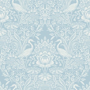 8 in. x 10 in. Elegans Light Blue Crane Toile Wallpaper Sample