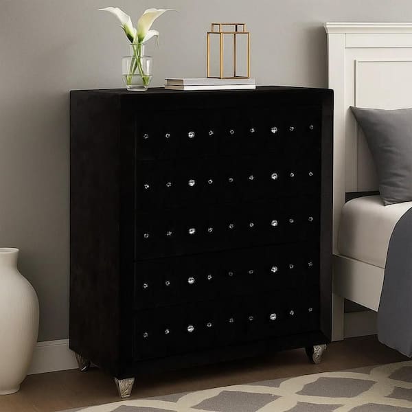 black dresser with crystal knobs Ambrosia Transitional 56-inch Wide 9-Drawer Fabric Tufted by Furniture of America wood veneer Solid wood legs and framework offer a smooth appearance and durable support Veneer surface crafted from engineered wood for consistent finishes and resistance to cracking Matching bed Rea Wide Dresser | 7