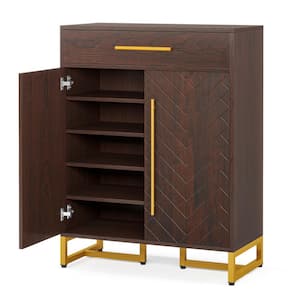 39.4 in. H x 31.5 in. W Cherry 20-Pair Shoe Storage Cabinet with Drawer and Door, Shoe Cabinet for Entryway