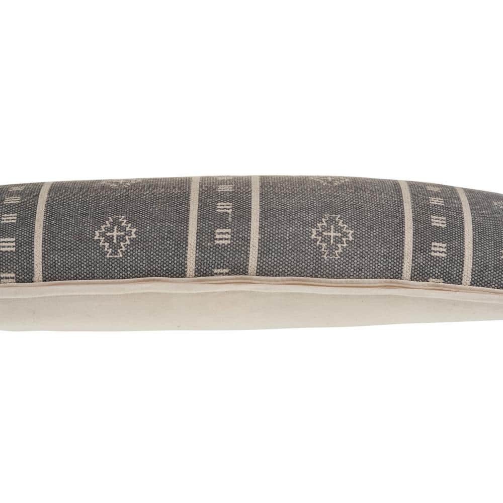 Gray and Cream Embroidered Lumbar Pillow, 36 x 14 Inch