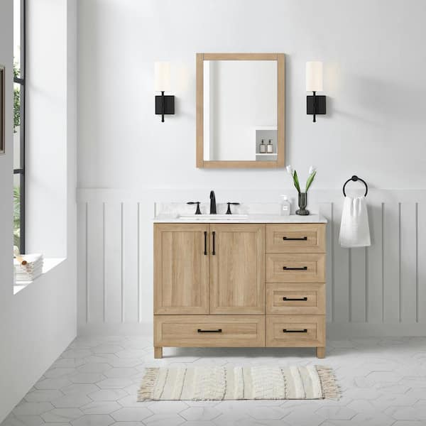Glacier Bay - Tobana 42 in. W x 19 in. D x 34.5 in. H Single Sink Bath Vanity in Weathered Tan with White Engineered Stone Top