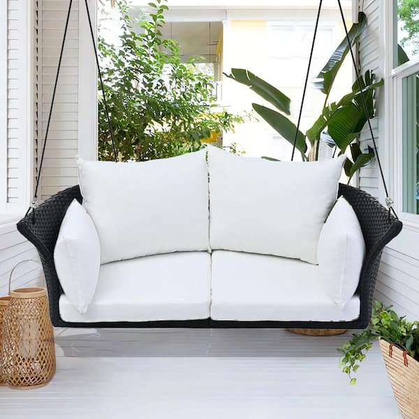 Cesicia 51.9 in. W 2-Person Black Wicker Rattan Patio Swing Chair with White Cushions