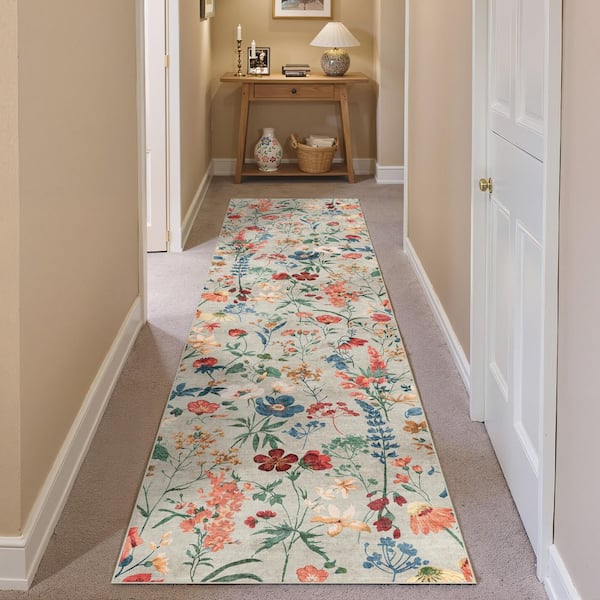 April Beige 2 ft. x 8 ft. Floral Washable Runner Rug