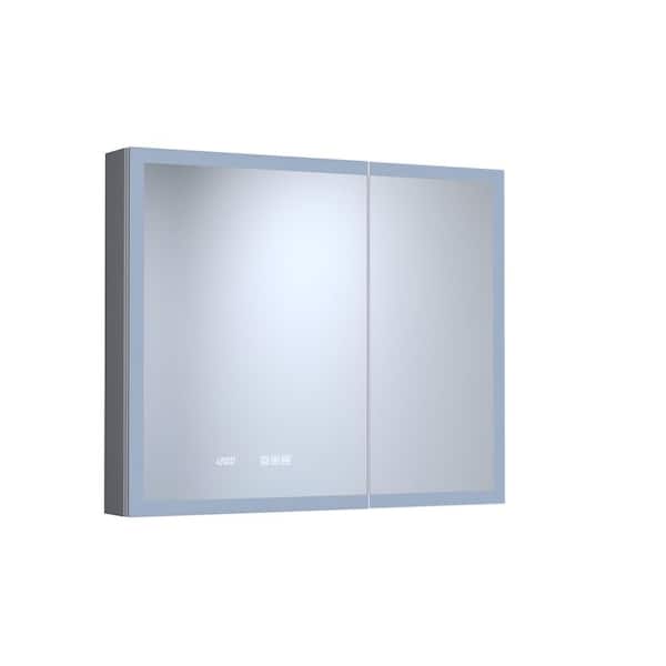 36 in. W x 30 in. H Rectangular Silver Aluminum Recessed/Surface Mount Medicine Cabinet with Mirror LED and Clock
