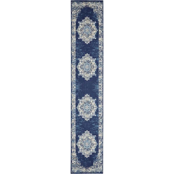 Nourison Grafix Navy Blue 2 ft. x 6 ft. Center medallion Transitional Runner Area Rug