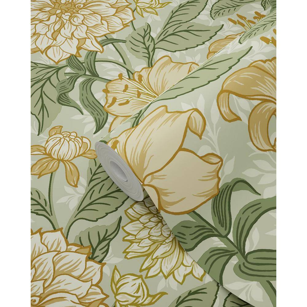 Persephone Golden Yellow and Pale Green Floral Wallpaper
