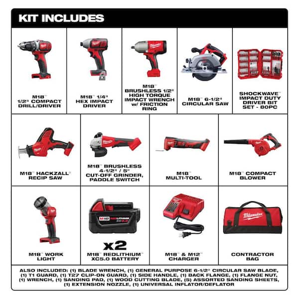 M18 18-Volt Lith-Ion Cordless Combo Kit (9-Tool) w/ (2) Batteries, Charger, Tool Bag, & Screw Driver Bit Set