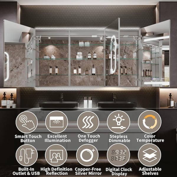 72 in. W x 36 in. H Rectangular Silver Aluminum Defogged Surface/Recessed Mount Dimmable Medicine Cabinet with Mirror