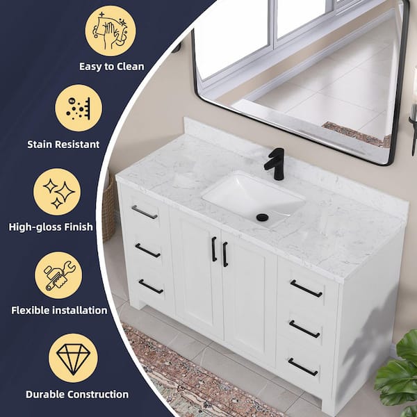 Zeafive Cala 54 in. W x 22 in. D Engineered Stone White