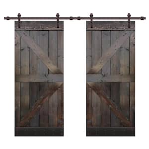 K Series 72 in. x 84 in. Dark Coffee Stained Solid Pine Wood Double Interior Sliding Barn Door with Hardware Kit