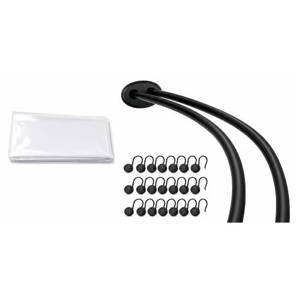 72 in. Aluminum Double Curved Shower Rod Combo, Wall Mounted, with Liner and Hooks, 8 in. Extra Space, Matte Black