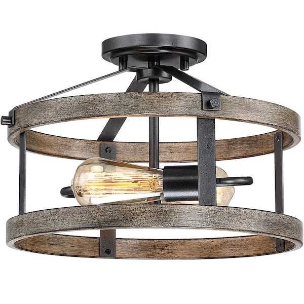 TRUE FINE Madison 13 in. 2-Light Natural Iron and Distressed Faux Wood Industrial Farmhouse Semi-Flush Mount Ceiling Light