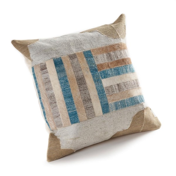 Unbranded Faux Leather Hide Patchwork Turquoise / Multi 20 in. x 20 in. Indoor Throw Pillow