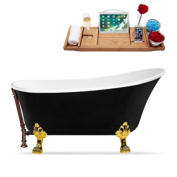 Streamline 59 in. Acrylic Clawfoot Non-Whirlpool Bathtub in Glossy Black With Polished Gold Clawfeet,Matte Oil Rubbed Bronze Drain