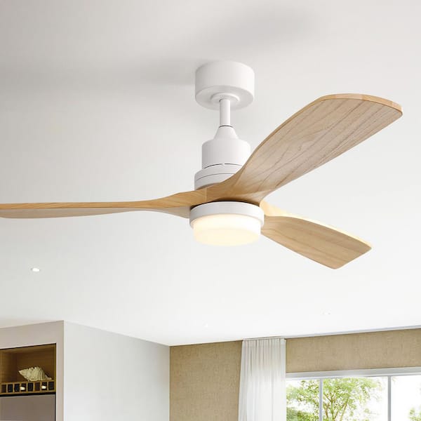 52 in. Modern Solid Wood Indoor/Outdoor White Standard Downrod Ceiling Fan with Light Kit DC Motor and Remote Control