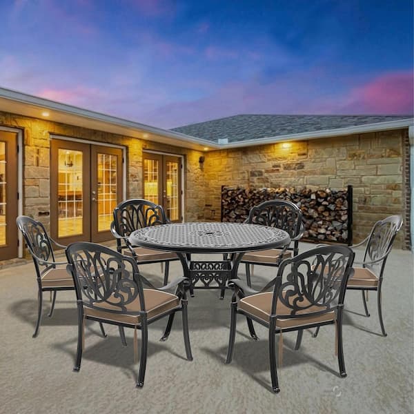 Willit Elizabeth Black 7-Piece Cast Aluminum Outdoor Dining Set with Round Table and Dining Chairs with Random Color Cushion