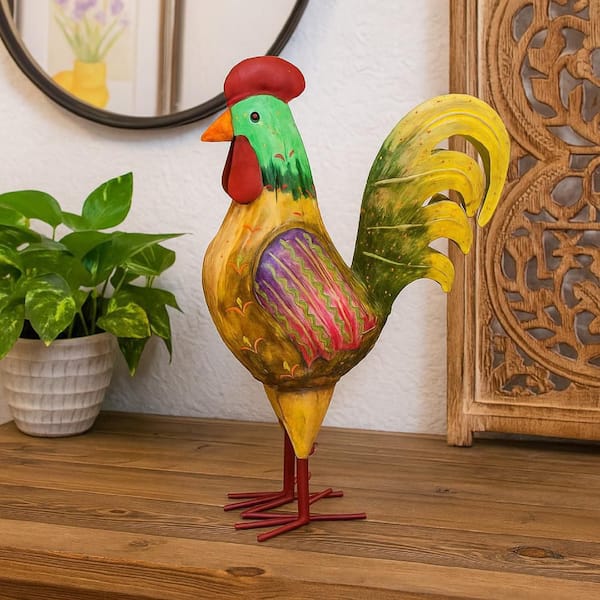Multi-Colored 6 in. x19. 25 in. Metal Decorative Painted Metal Rooster Figurine