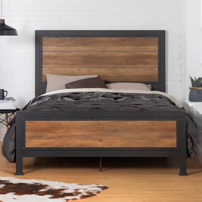 Rustic Home Rustic Oak Queen Size Metal Bed Frame with Wood Accents