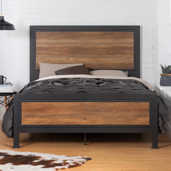 Rustic Dark Metal & Finished Wood Plank Farm Design Queen Bed Bedroom Headboard 