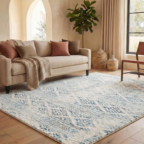 Tulum Ivory/Turquoise 8 ft. x 10 ft. Striped Tribal Geometric Area Rug