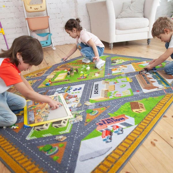 Multi-Color Kids Children Bedroom Farm Road Map Construction Educational Learning 8 ft. x 10 ft. Area Rug